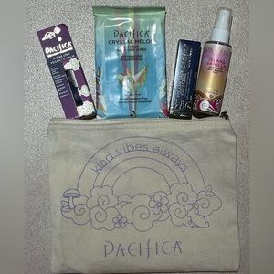 Pacifica Cosmetics Bag with mascara, towelettes, lip balm, body mist